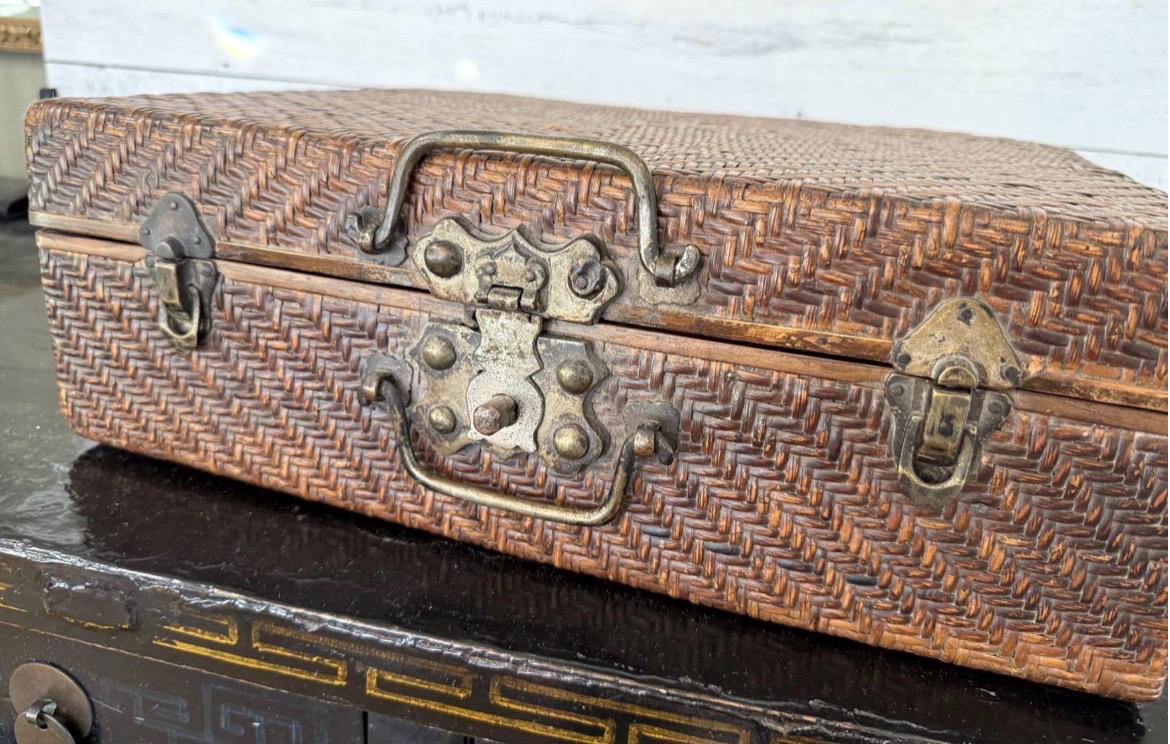 Vintage Asian Woven Rattan & Wood Storage Trunk Chest Brass Hardware Case