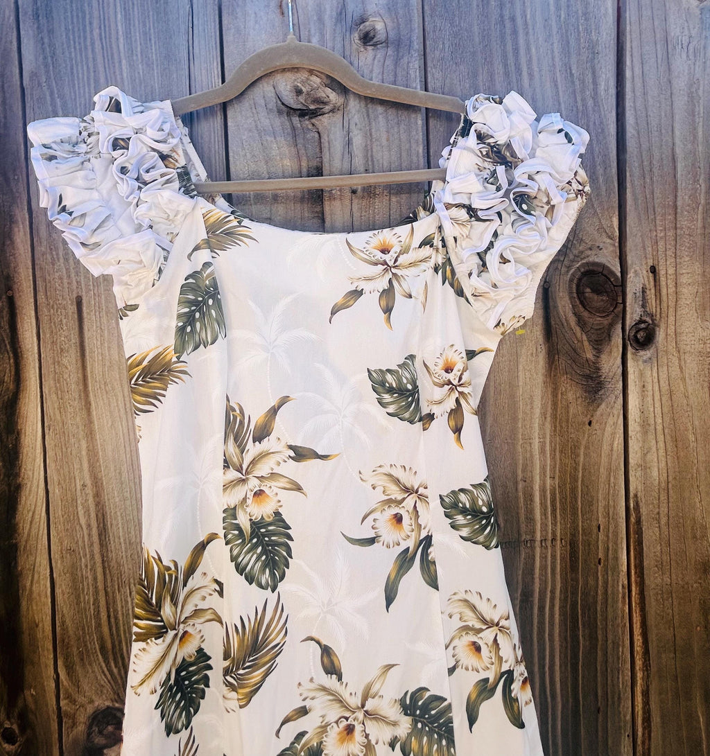 Vintage MAHALO Hawaiian Muumuu Dress White Tropical Floral Ruffle Mermaid Small