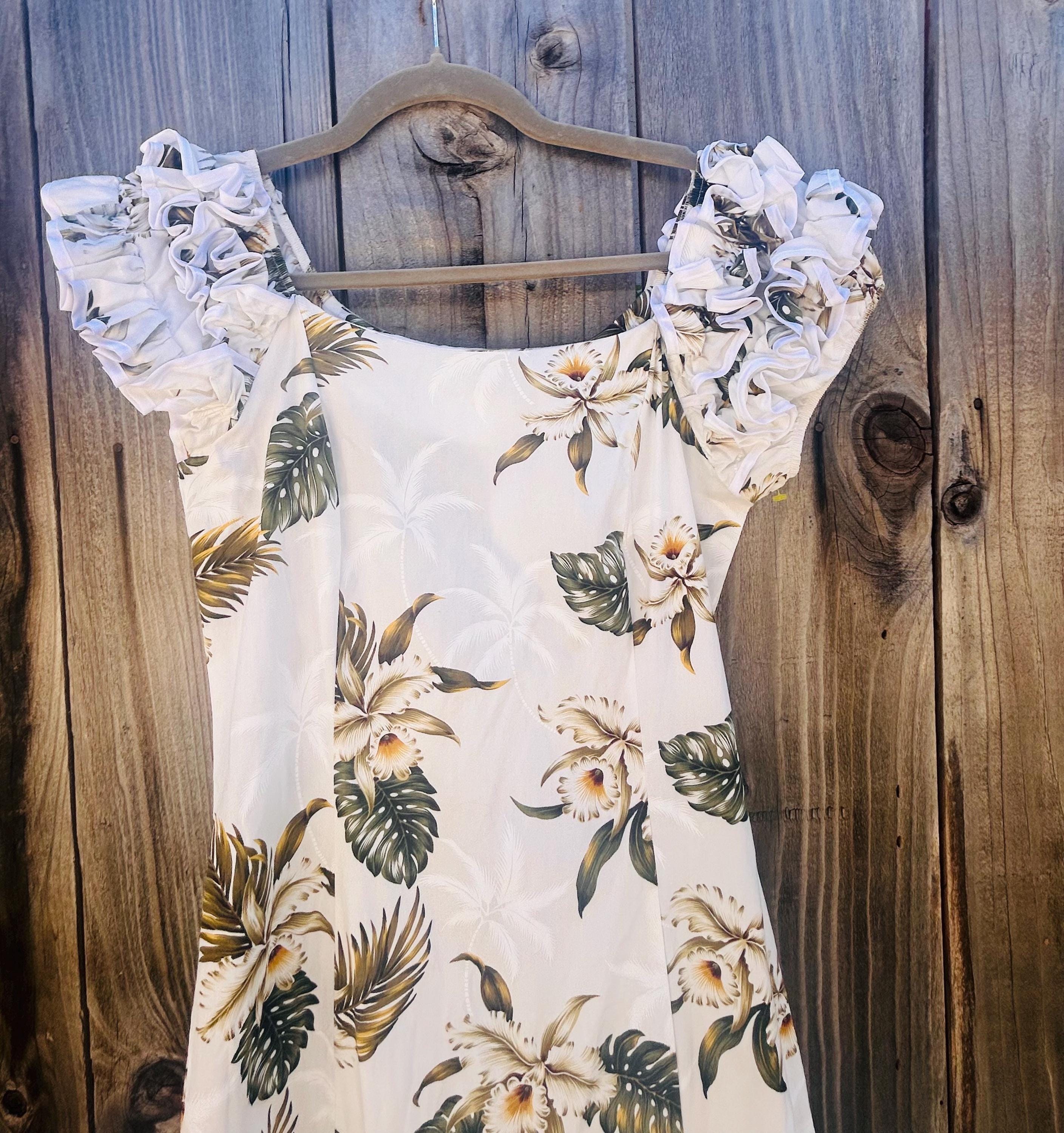 Vintage MAHALO Hawaiian Muumuu Dress White Tropical Floral Ruffle Mermaid Small