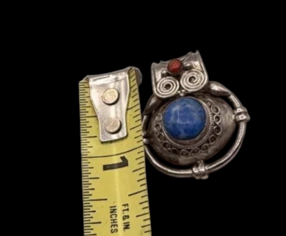 Vintage 925 Sterling Silver Tibetan Gau Amulet Pendant Lapis Coral Owl 17.3g