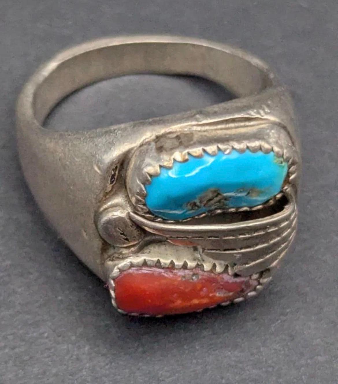 Heavy Vintage Old Pawn Men’s Ring - Turquoise & Red Coral - Size 11.5 - 20.76g