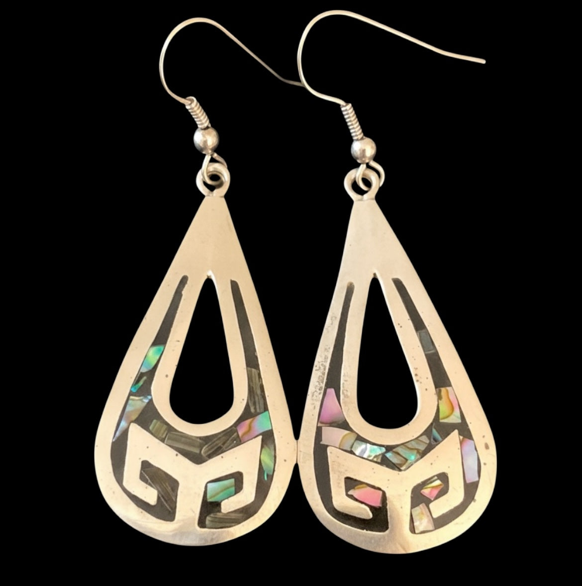 Vintage Taxco TL-17 Sterling Silver Abalone Teardrop Earrings ✨ Mexican 925 Silver Inlay Mosaic Boho Statement Dangle Drops