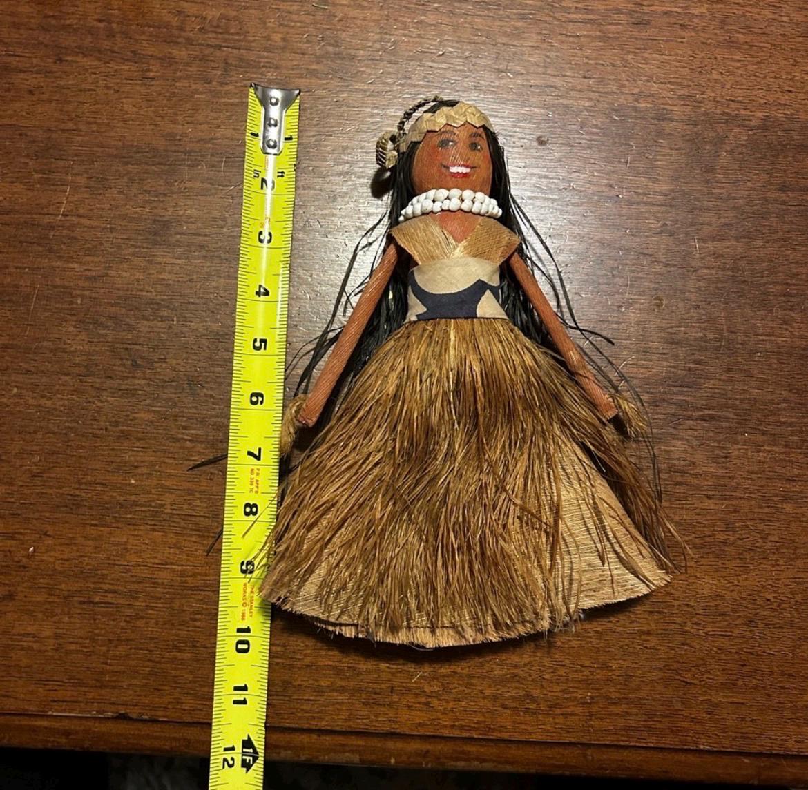 Vintage Mid Century Hawaiian Hula Doll 11" Tapa Cloth Grass Skirt Tiki Decor