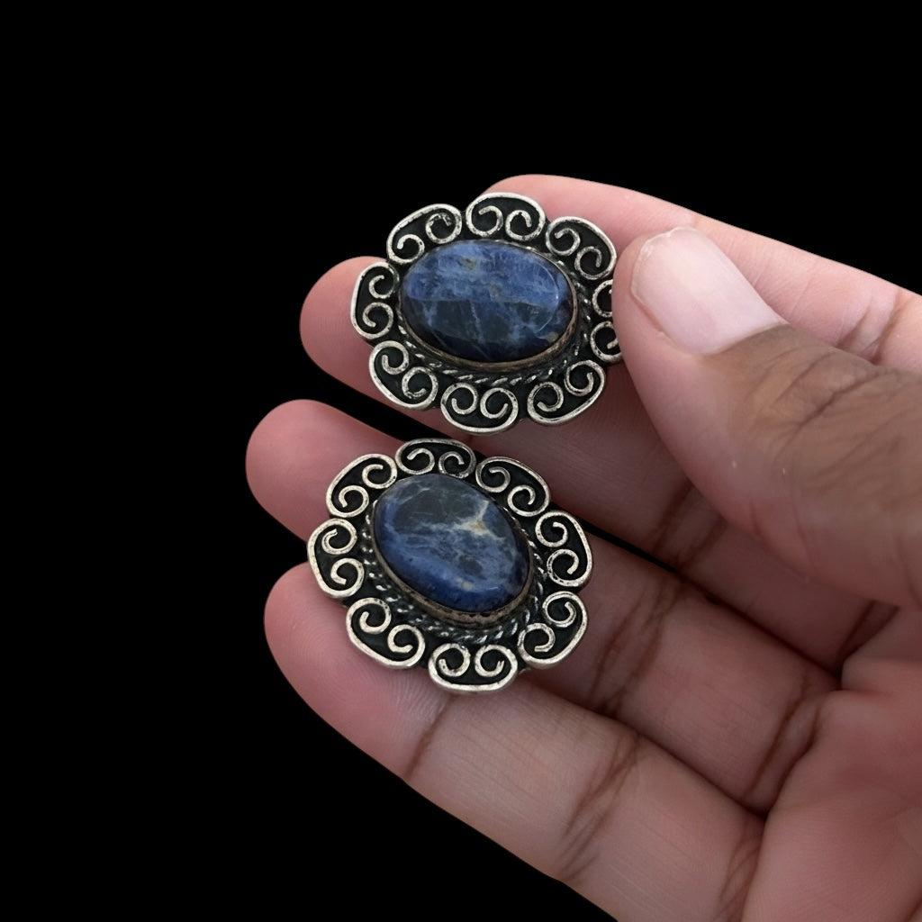 Vintage Taxco Mexico 925 Sterling Silver Blue Sodalite Clip On Earrings