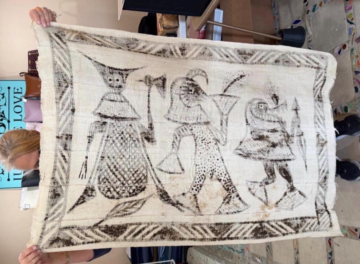Vintage African Korhogo Cloth Senufo Hand-Painted Mud Cloth Tapestry 50"x35
