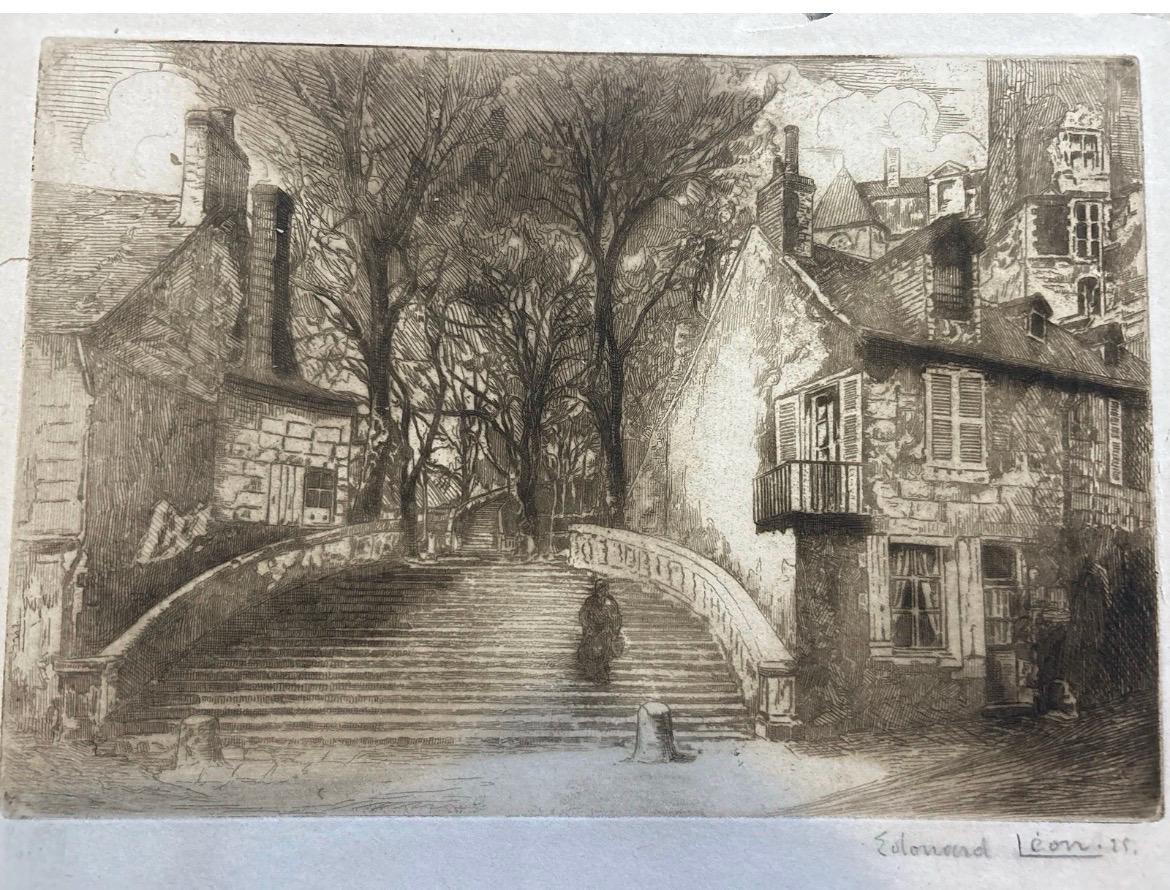 Edouard-Henri Leon Original Etching 1921 Signed French Cityscape Street Scene