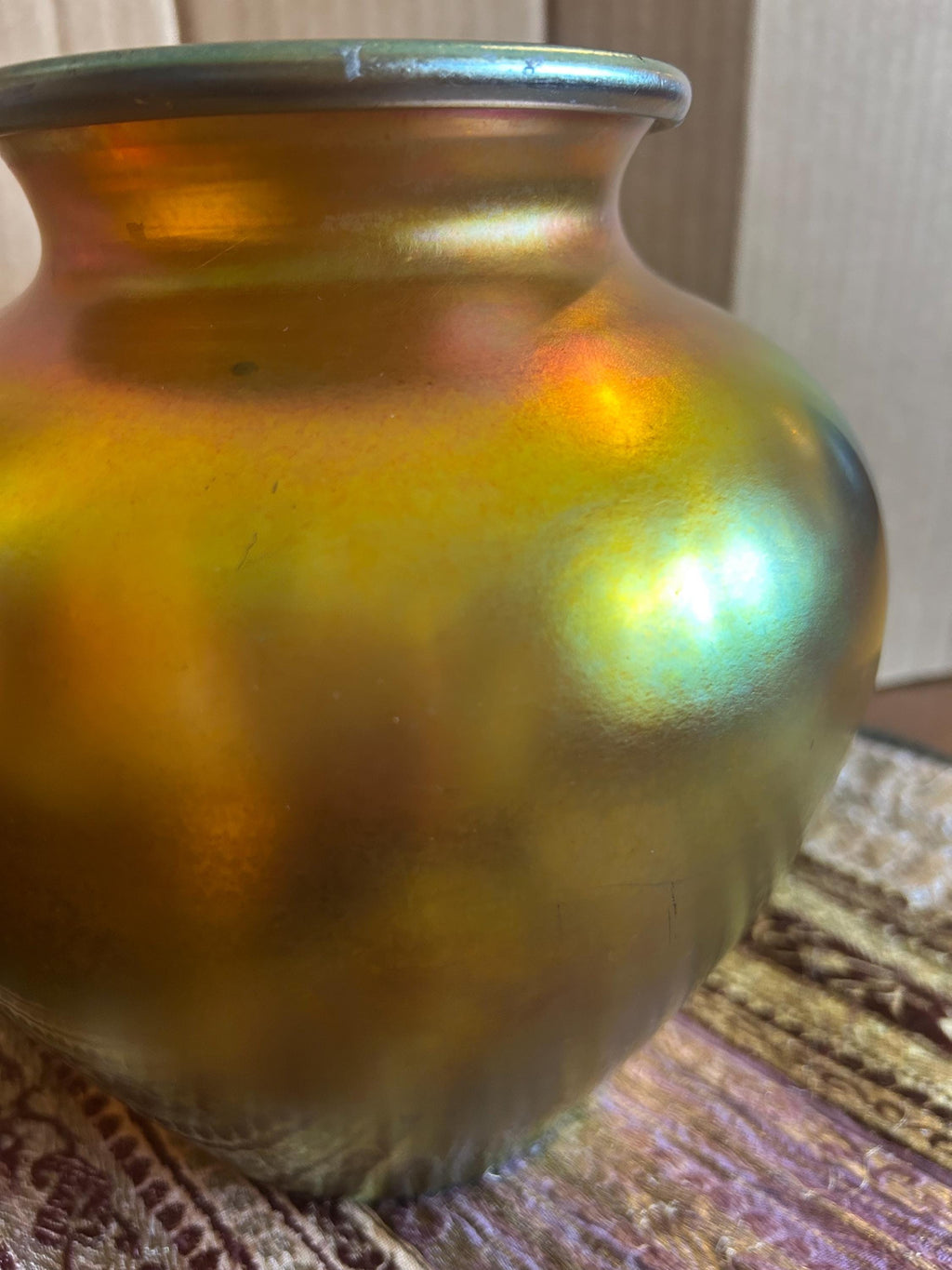 Antique Steuben Gold Aurene Art Glass Vase Shape 2683 Signed Frederick Carder c 1910, 8 Inch Iridescent Gold Favrile Glass Swollen Shoulder