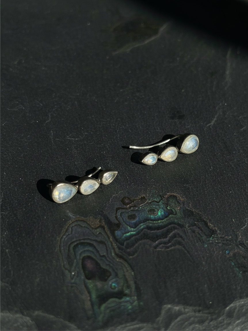 925 Sterling Silver Rainbow Moonstone Tear Drop Ear Climber Crawler Earrings 2”
