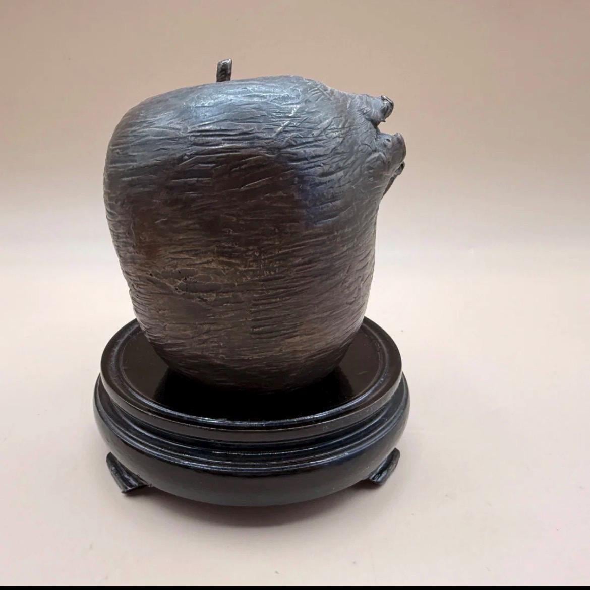 MCM Bronze Bitten Apple Sculpture on Carved Wood Base – Pop Art