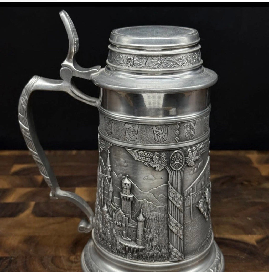 Frieling Zinn Vintage German Pewter Beer Stein | Lidded | Bavarian Coat of Arms | Hofbräuhaus Wagon | 8" | 95% Rein Zinn