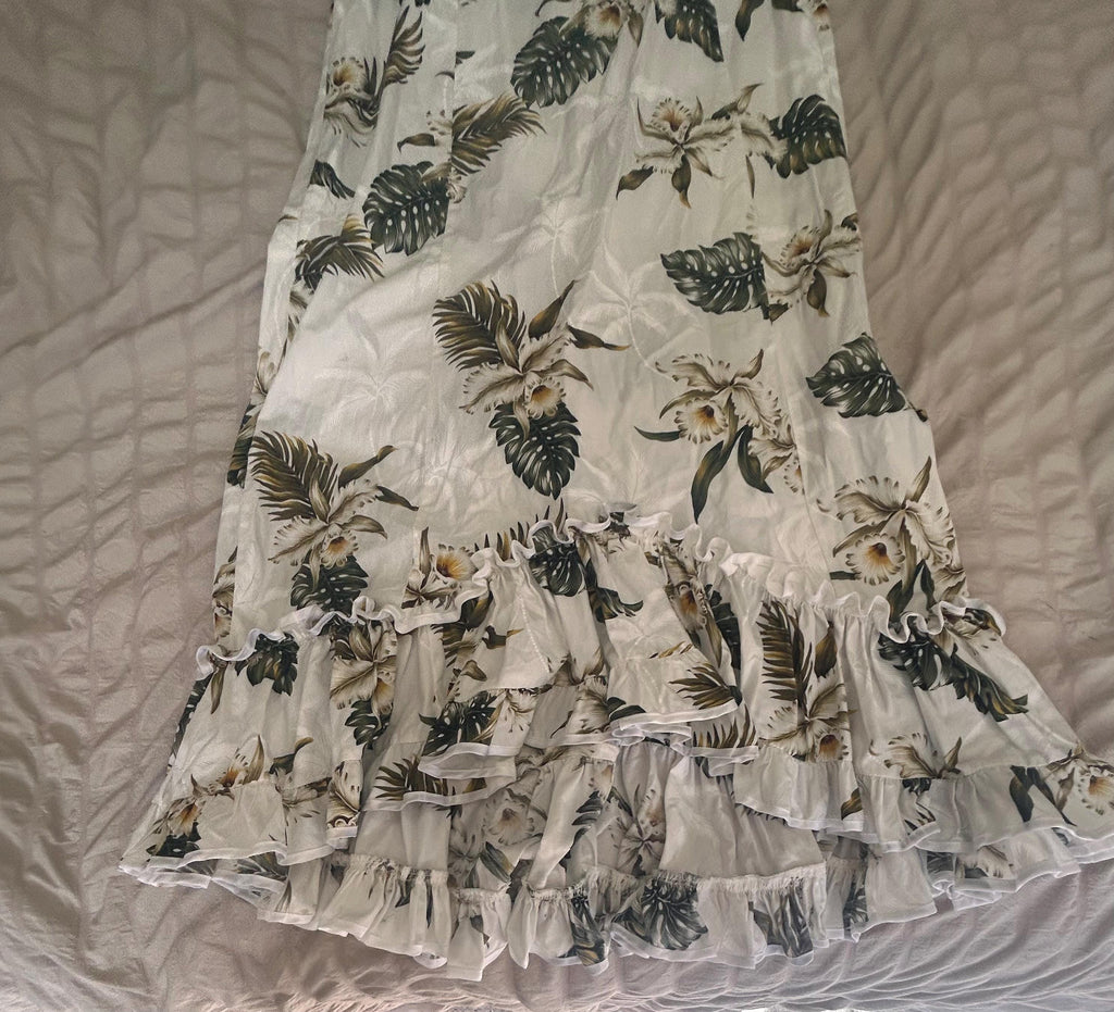 Vintage MAHALO Hawaiian Muumuu Dress White Tropical Floral Ruffle Mermaid Small