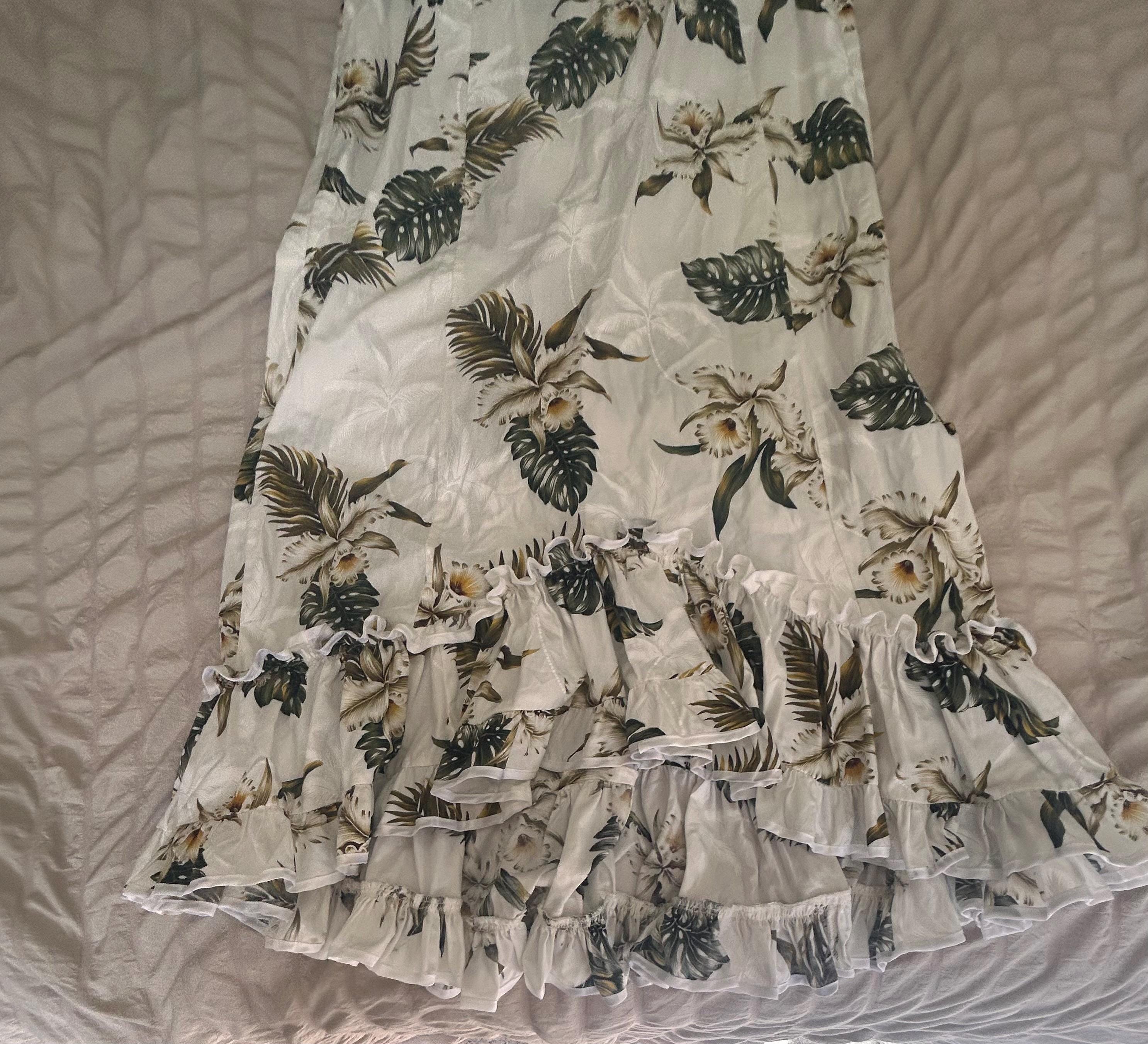 Vintage MAHALO Hawaiian Muumuu Dress White Tropical Floral Ruffle Mermaid Small