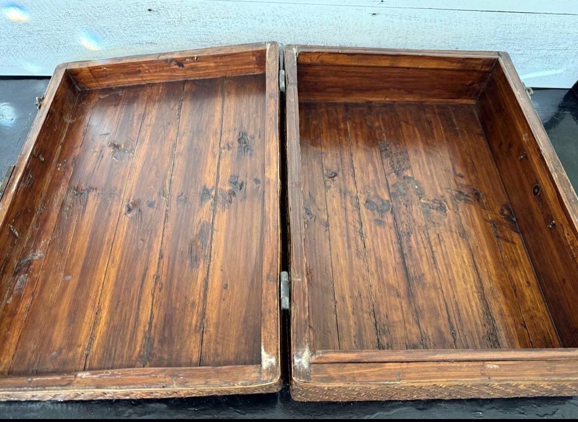 Vintage Asian Woven Rattan & Wood Storage Trunk Chest Brass Hardware Case