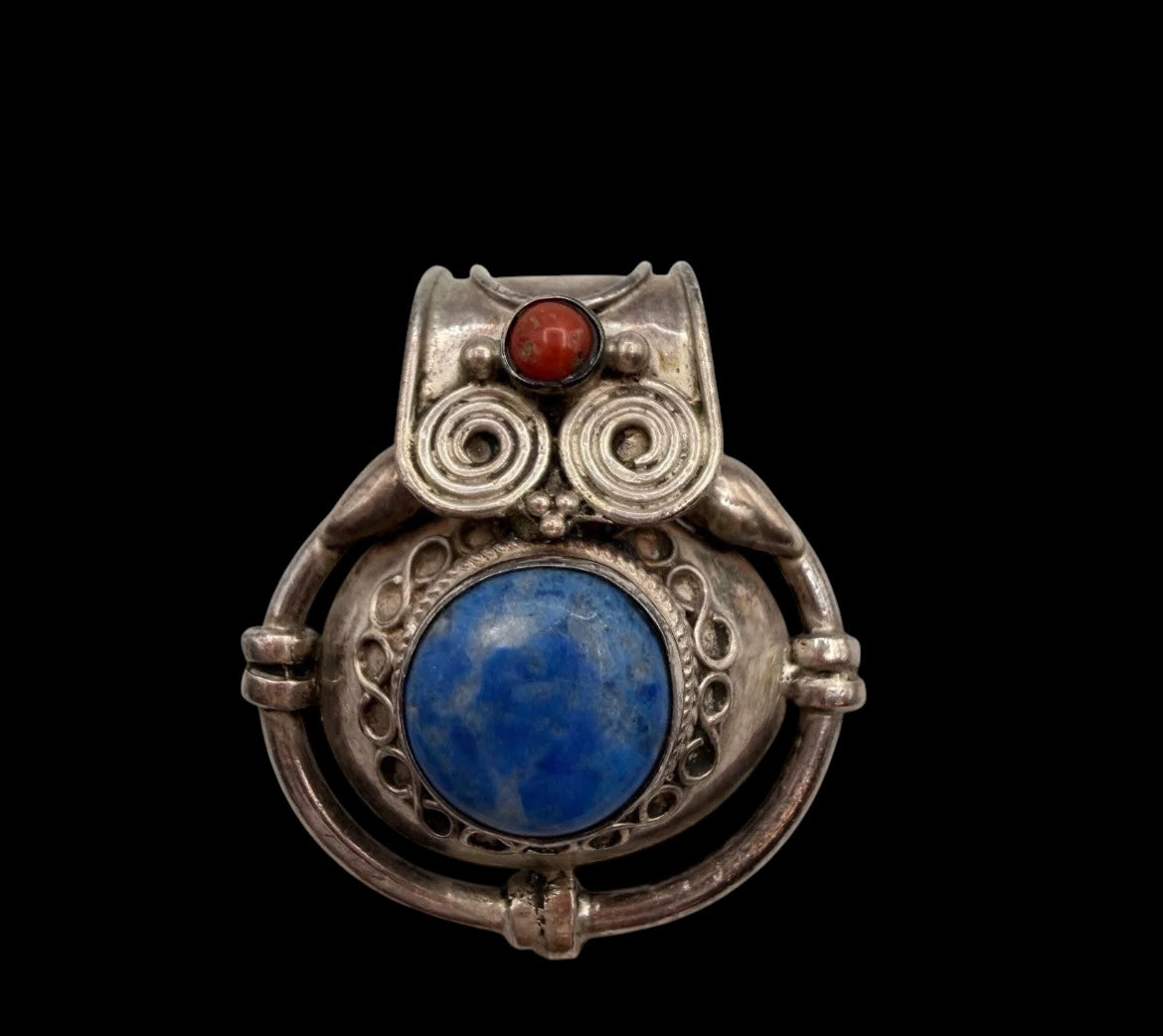 Vintage 925 Sterling Silver Tibetan Gau Amulet Pendant Lapis Coral Owl 17.3g