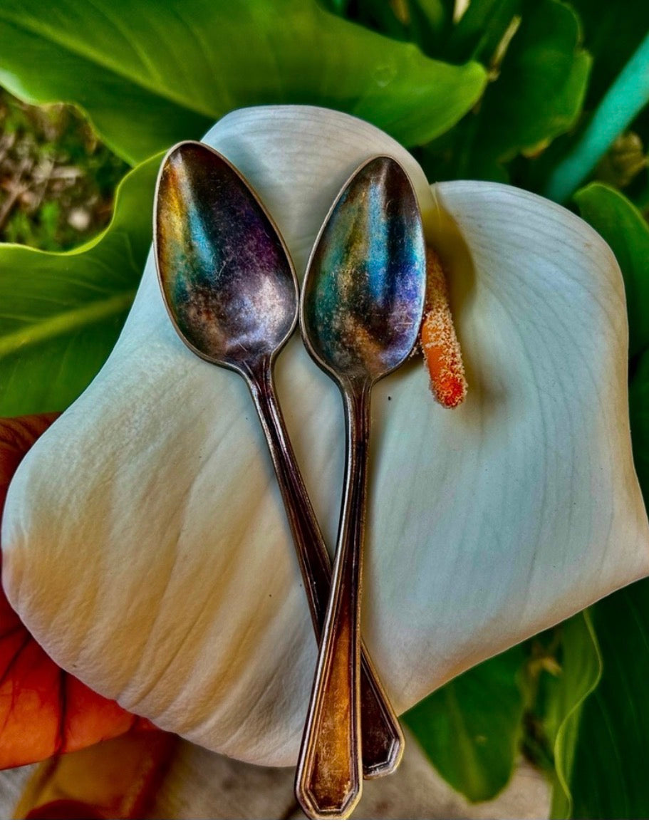 International Silver Co. 7” Place Spoons – Vibrant Iridescent Rainbow Patina (Set of 2)