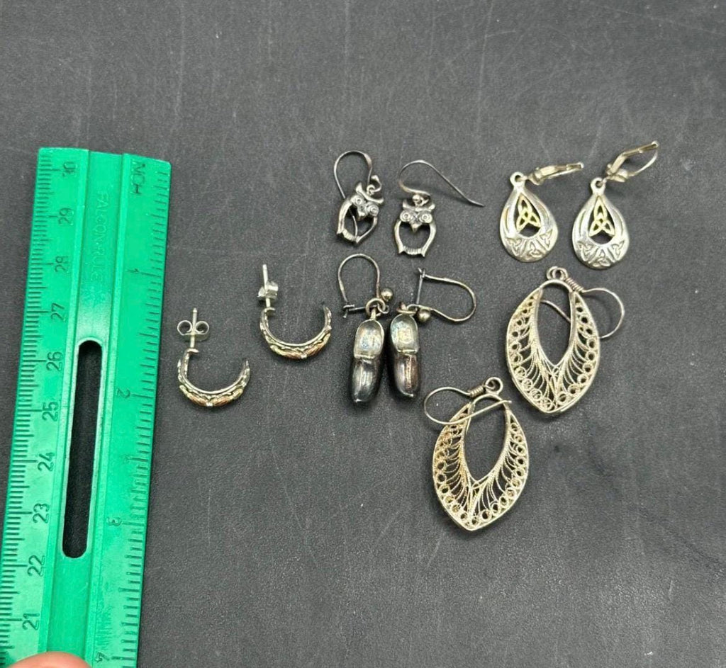 Vintage Sterling Silver Earrings Lot – 5 Pairs, Mixed Styles, 14.5g