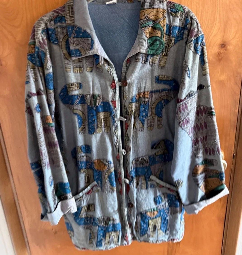 Vintage 90s Boho Elephant Print Cotton Jacket, Indian Patchwork Artsy Layering Cardigan