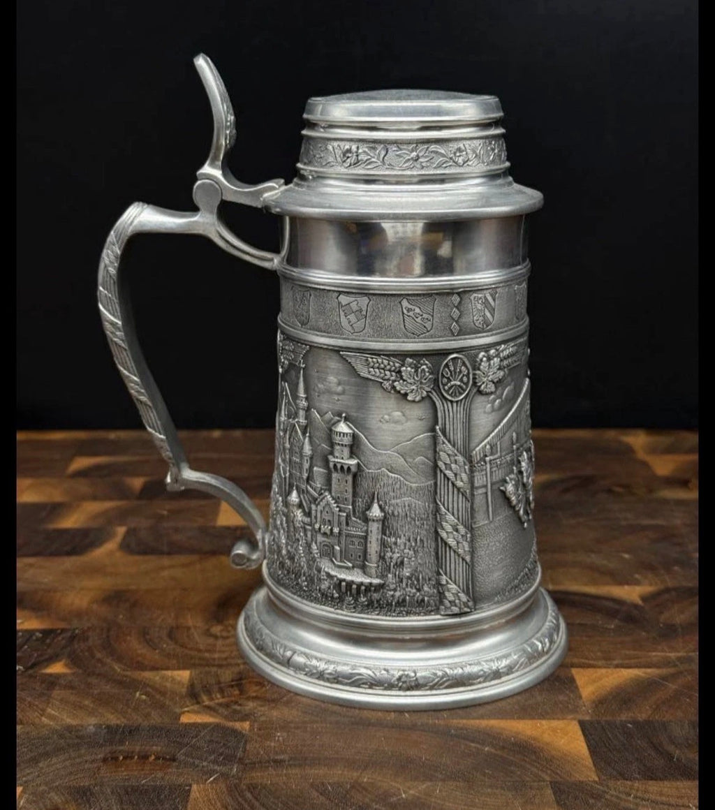 Frieling Zinn Vintage German Pewter Beer Stein | Lidded | Bavarian Coat of Arms | Hofbräuhaus Wagon | 8" | 95% Rein Zinn