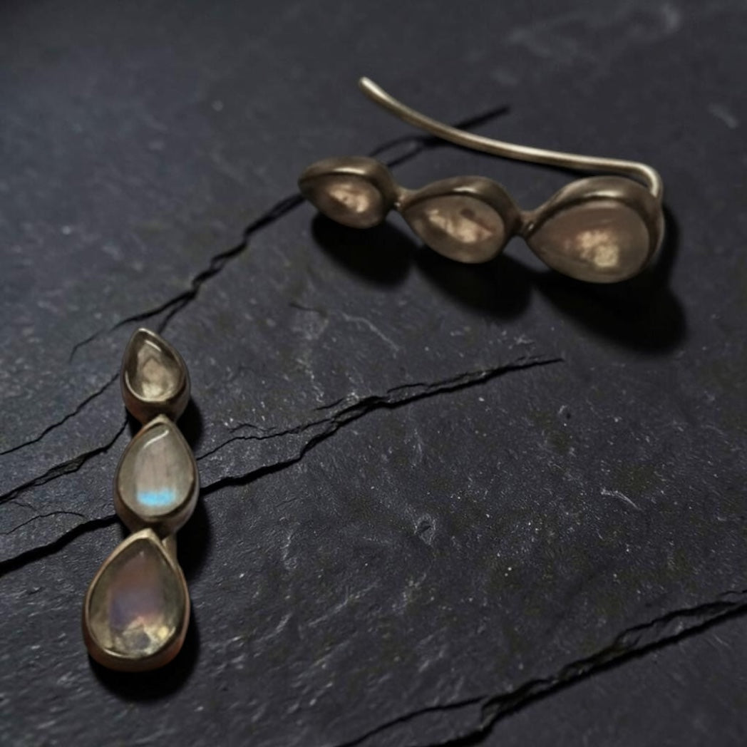 925 Sterling Silver Rainbow Moonstone Tear Drop Ear Climber Crawler Earrings 2”