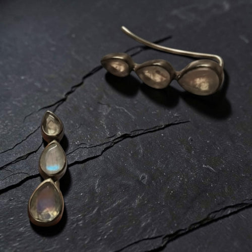 925 Sterling Silver Rainbow Moonstone Tear Drop Ear Climber Crawler Earrings 2”