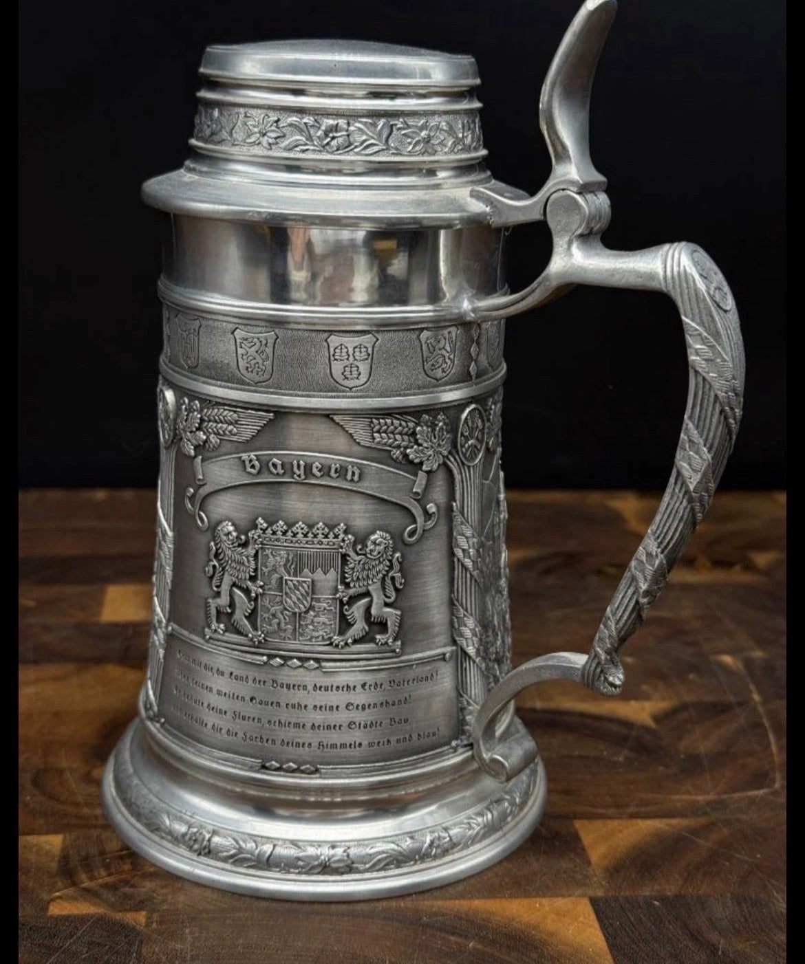 Frieling Zinn Vintage German Pewter Beer Stein | Lidded | Bavarian Coat of Arms | Hofbräuhaus Wagon | 8" | 95% Rein Zinn