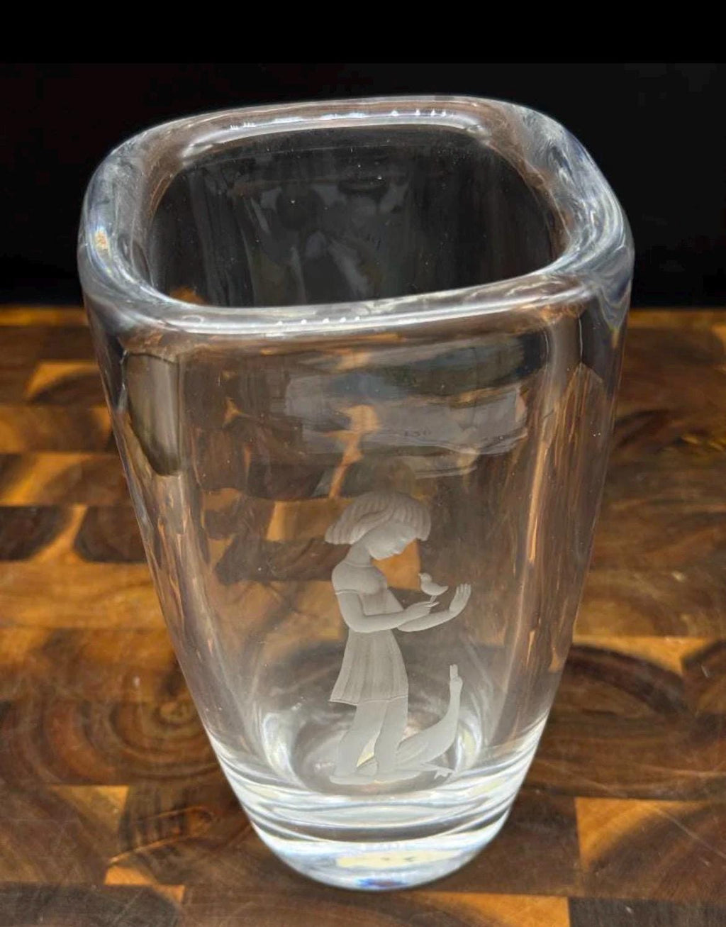 Vintage Orrefors Sweden Crystal "Goose Girl" Vase Sven Palmqvist 2578 Etched