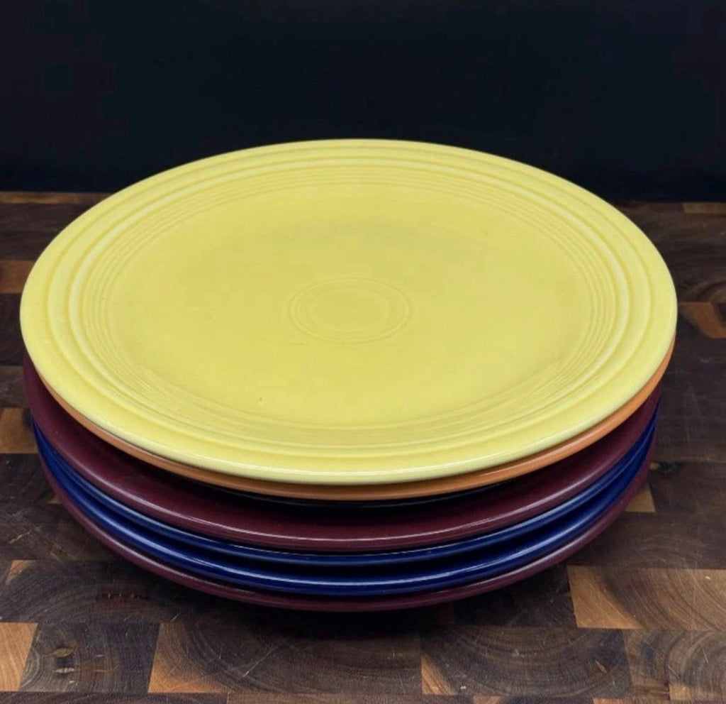 Fiesta HLC Dinner Plates — Mixed Rainbow Set of 6 with Retired Cinnabar | Estate Find