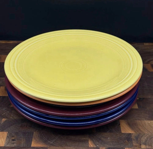 Fiesta HLC Dinner Plates — Mixed Rainbow Set of 6 with Retired Cinnabar | Estate Find