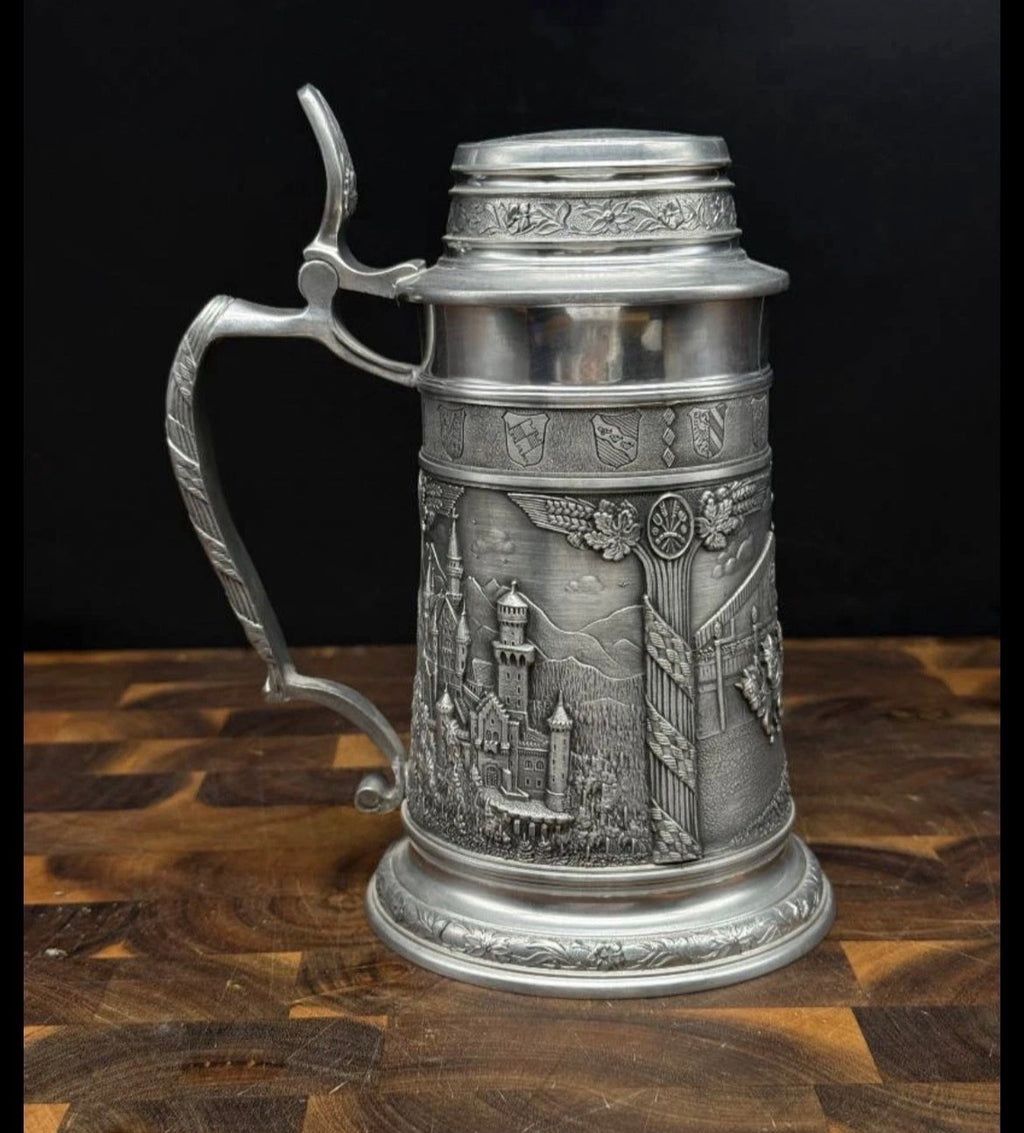 Frieling Zinn Vintage German Pewter Beer Stein | Lidded | Bavarian Coat of Arms | Hofbräuhaus Wagon | 8" | 95% Rein Zinn