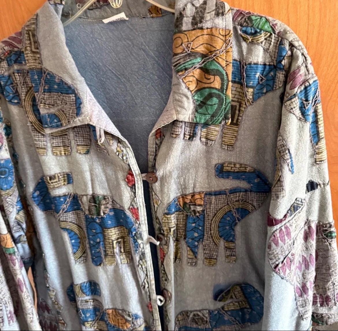 Vintage 90s Boho Elephant Print Cotton Jacket, Indian Patchwork Artsy Layering Cardigan