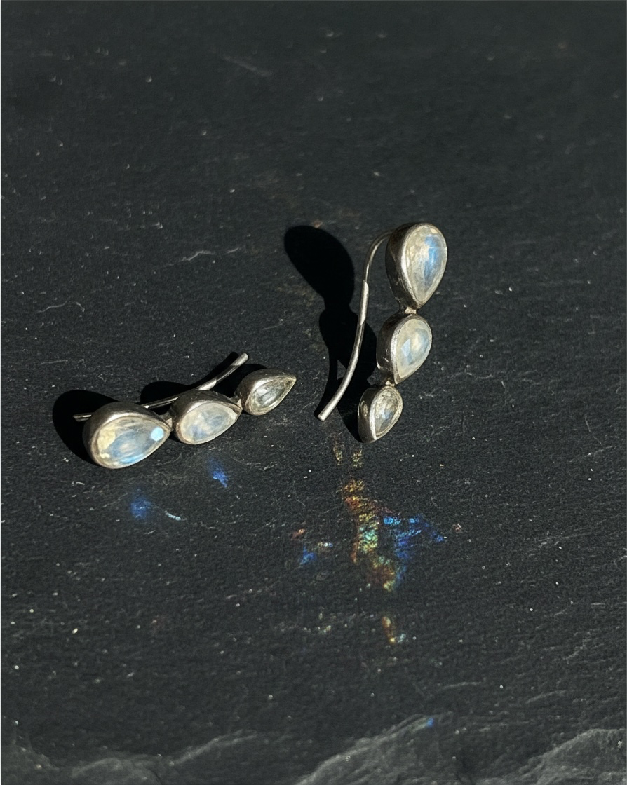 925 Sterling Silver Rainbow Moonstone Tear Drop Ear Climber Crawler Earrings 2”