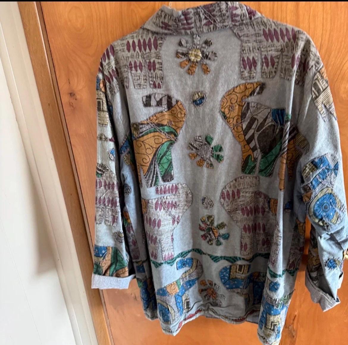 Vintage 90s Boho Elephant Print Cotton Jacket, Indian Patchwork Artsy Layering Cardigan