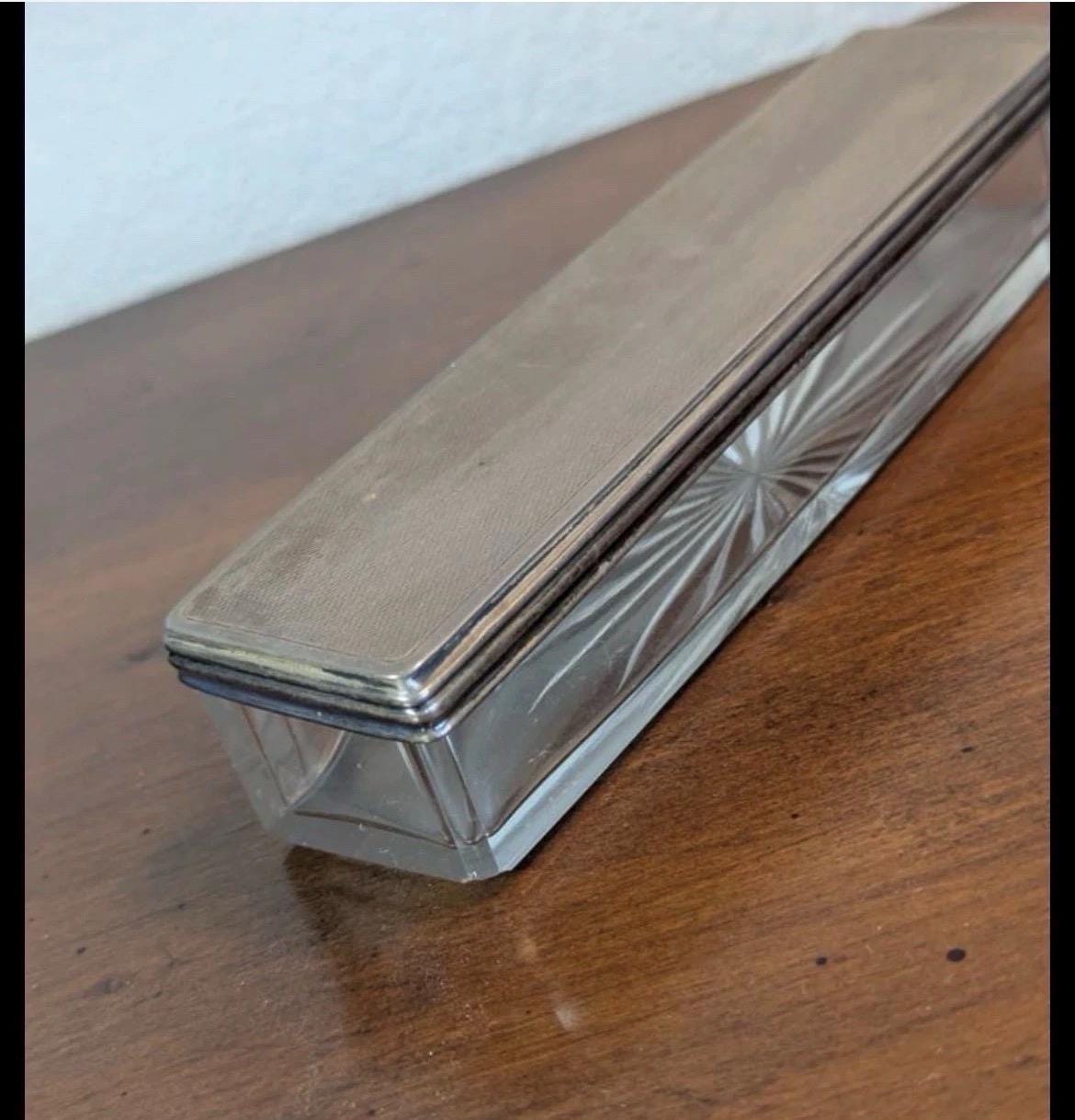 Antique 1925 Sterling Silver Cut Glass Vanity Box, Walker & Hall Engine Turned Hatpin Dressing Table Jar, George V English Hallmarked Silver
