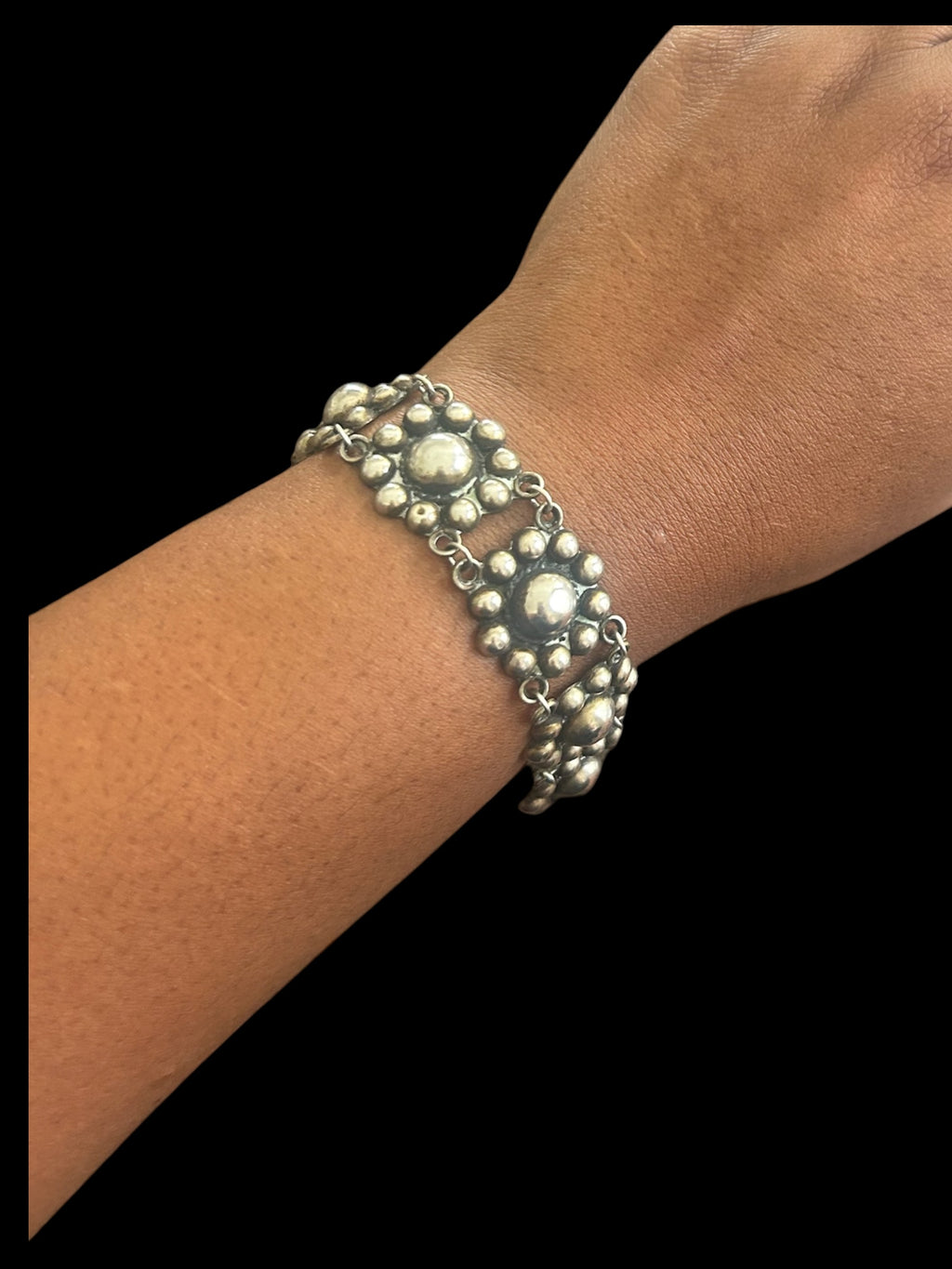 Archival 1930s Taxco .980 Fine Silver Beaded Dome Panel Bracelet