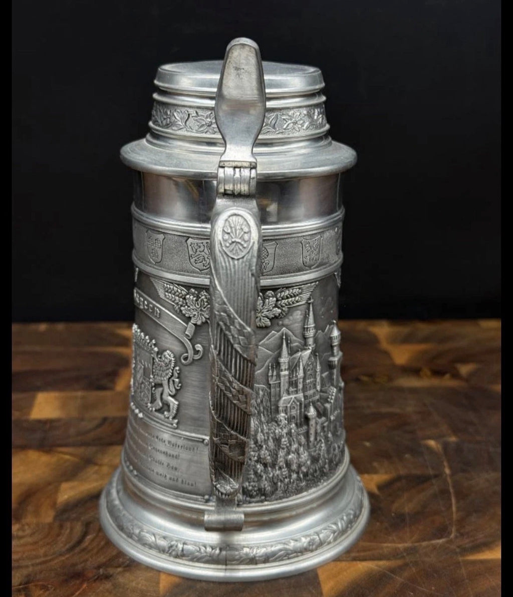 Frieling Zinn Vintage German Pewter Beer Stein | Lidded | Bavarian Coat of Arms | Hofbräuhaus Wagon | 8" | 95% Rein Zinn