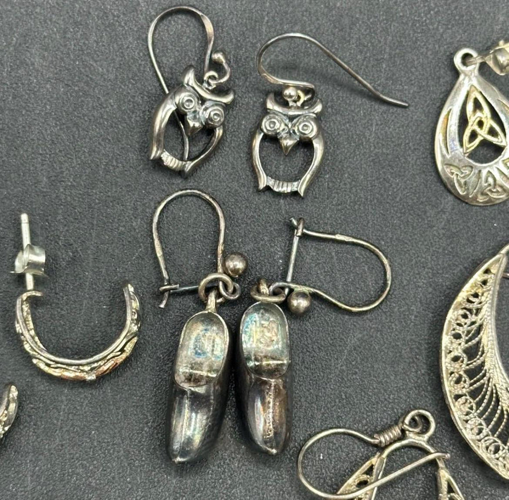 Vintage Sterling Silver Earrings Lot – 5 Pairs, Mixed Styles, 14.5g
