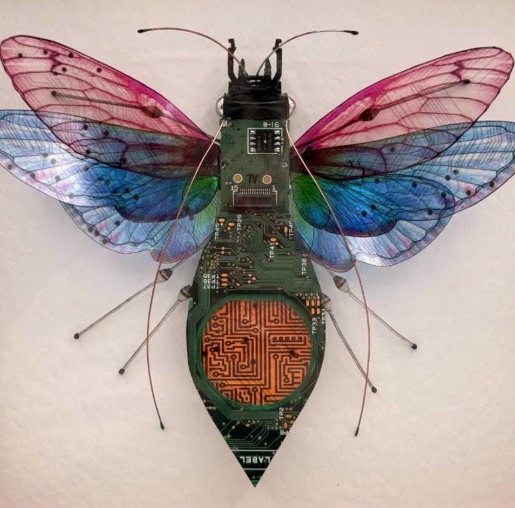 Circuit Board Insect Sculpture, Julie Alice Chappell Art - Wood Framed