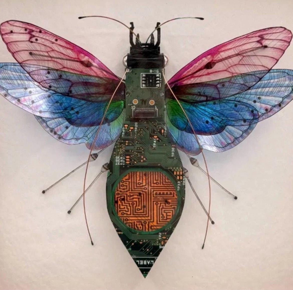 Circuit Board Insect Sculpture, Julie Alice Chappell Art - Wood Framed