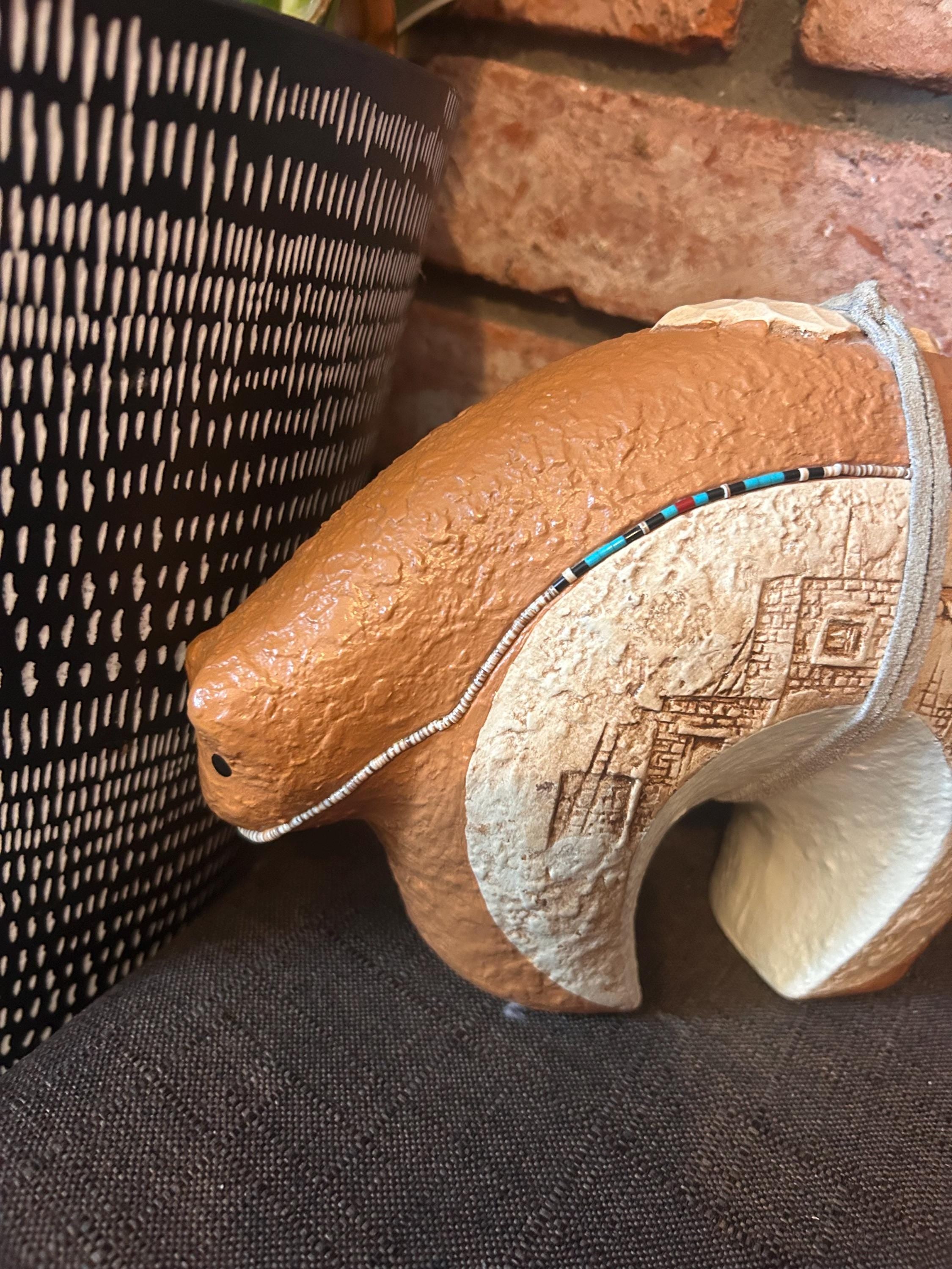 Zuni Fetish-Native American BEAR Heavy Handcrafted Pottery Signed Jobeth Maize