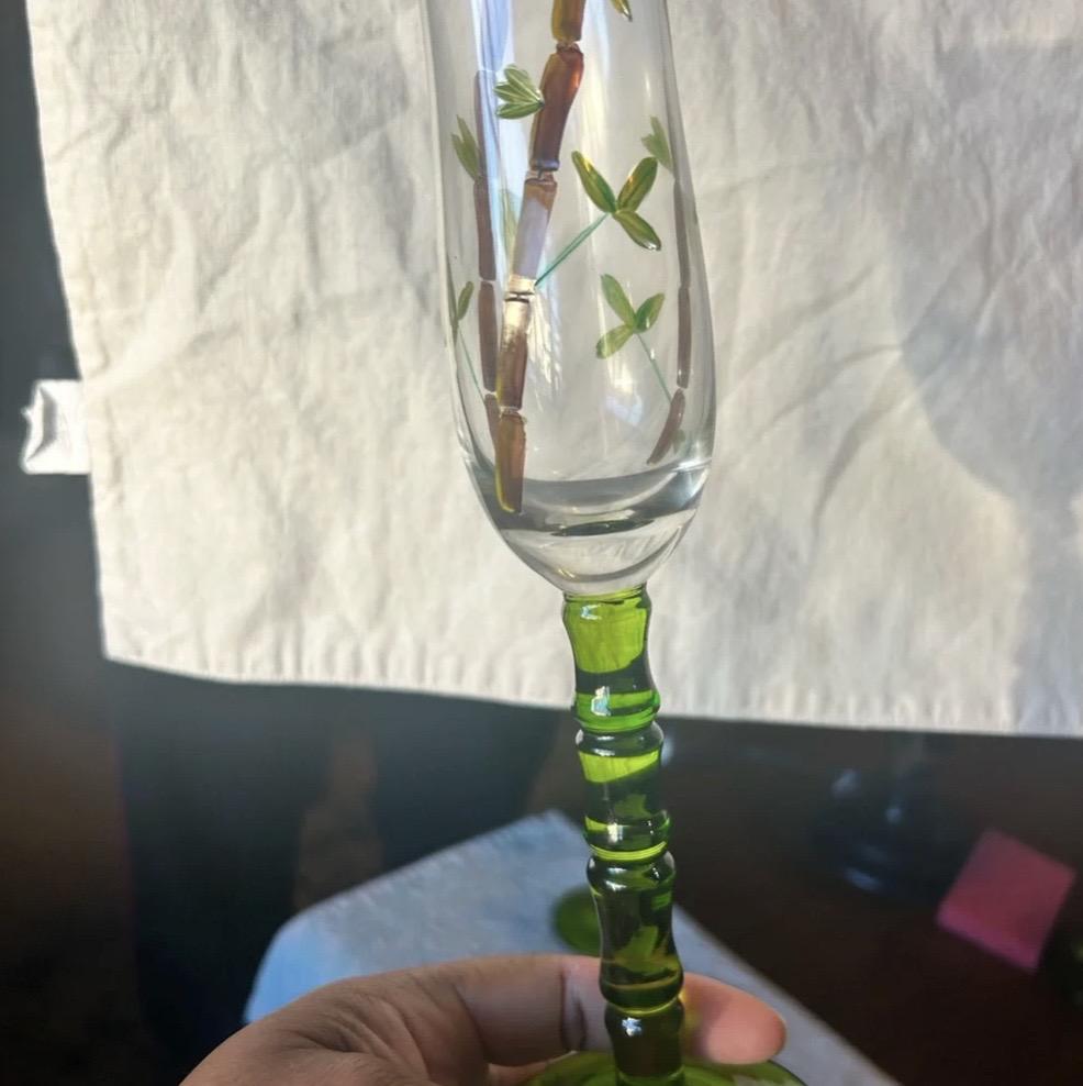 Vintage Hand Painted Bamboo Champagne Flutes, Green Ribbed Stem Glassware Set