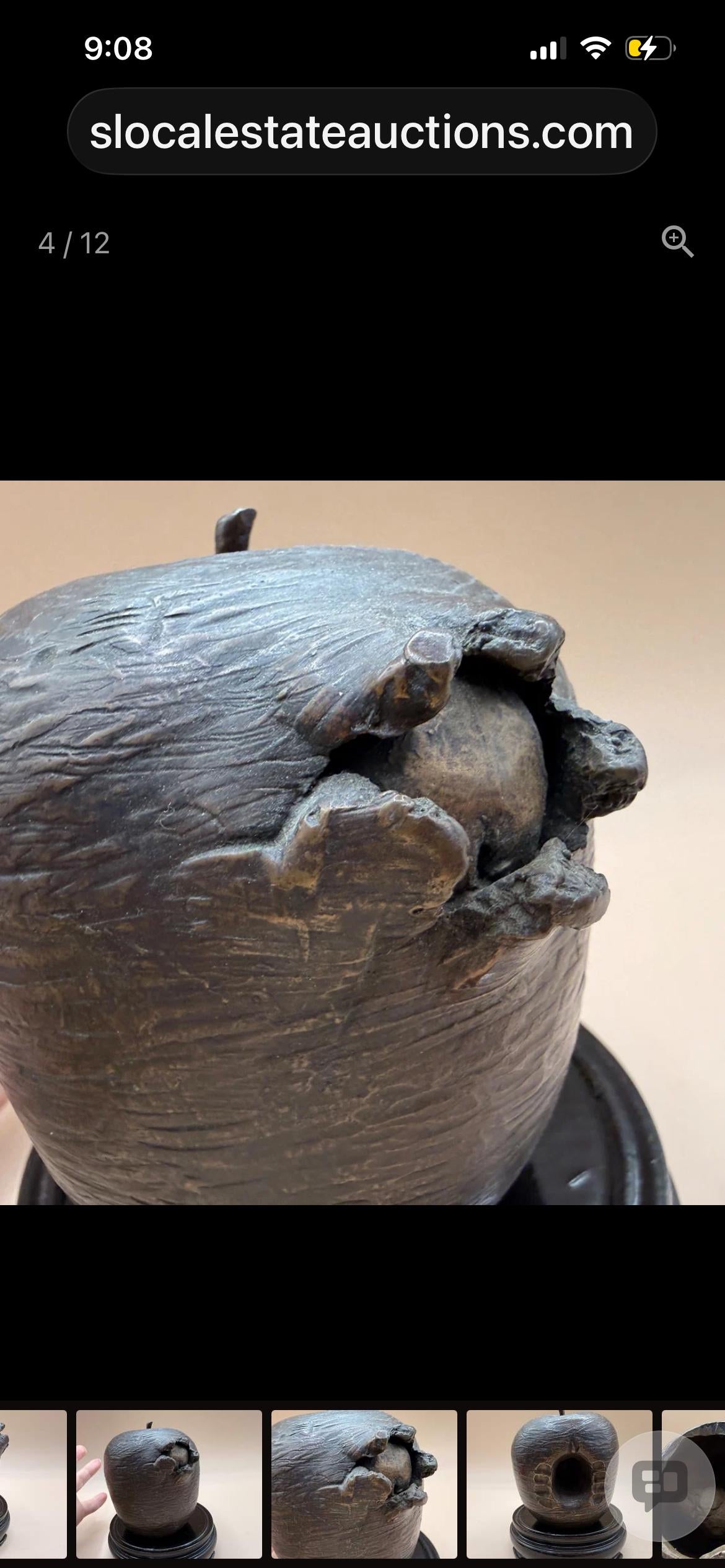 MCM Bronze Bitten Apple Sculpture on Carved Wood Base – Pop Art