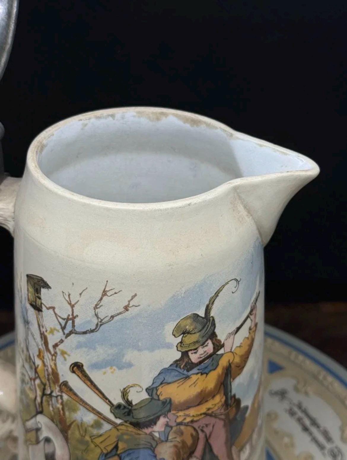 Antique 1899 Mettlach Villeroy & Boch 3.3L Master Pitcher and Charger Set, German Breweriana Stoneware #2348 #2087, Turn of the Century Gift