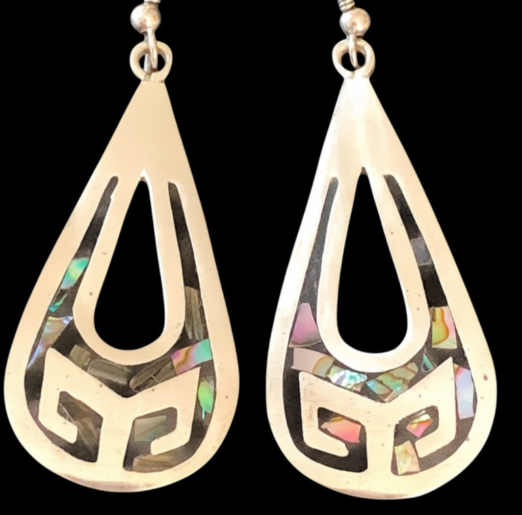 Vintage Taxco TL-17 Sterling Silver Abalone Teardrop Earrings ✨ Mexican 925 Silver Inlay Mosaic Boho Statement Dangle Drops