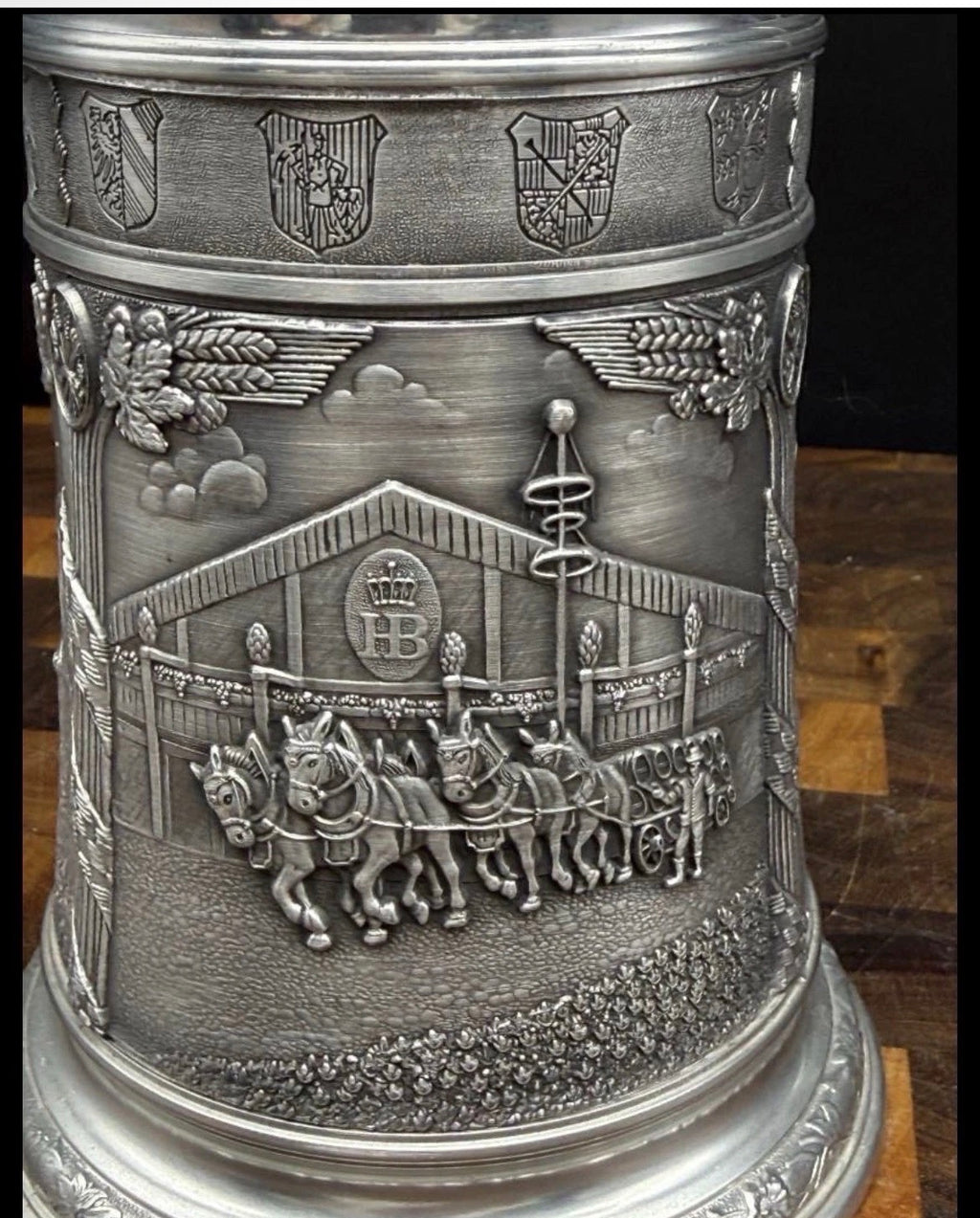 Frieling Zinn Vintage German Pewter Beer Stein | Lidded | Bavarian Coat of Arms | Hofbräuhaus Wagon | 8" | 95% Rein Zinn