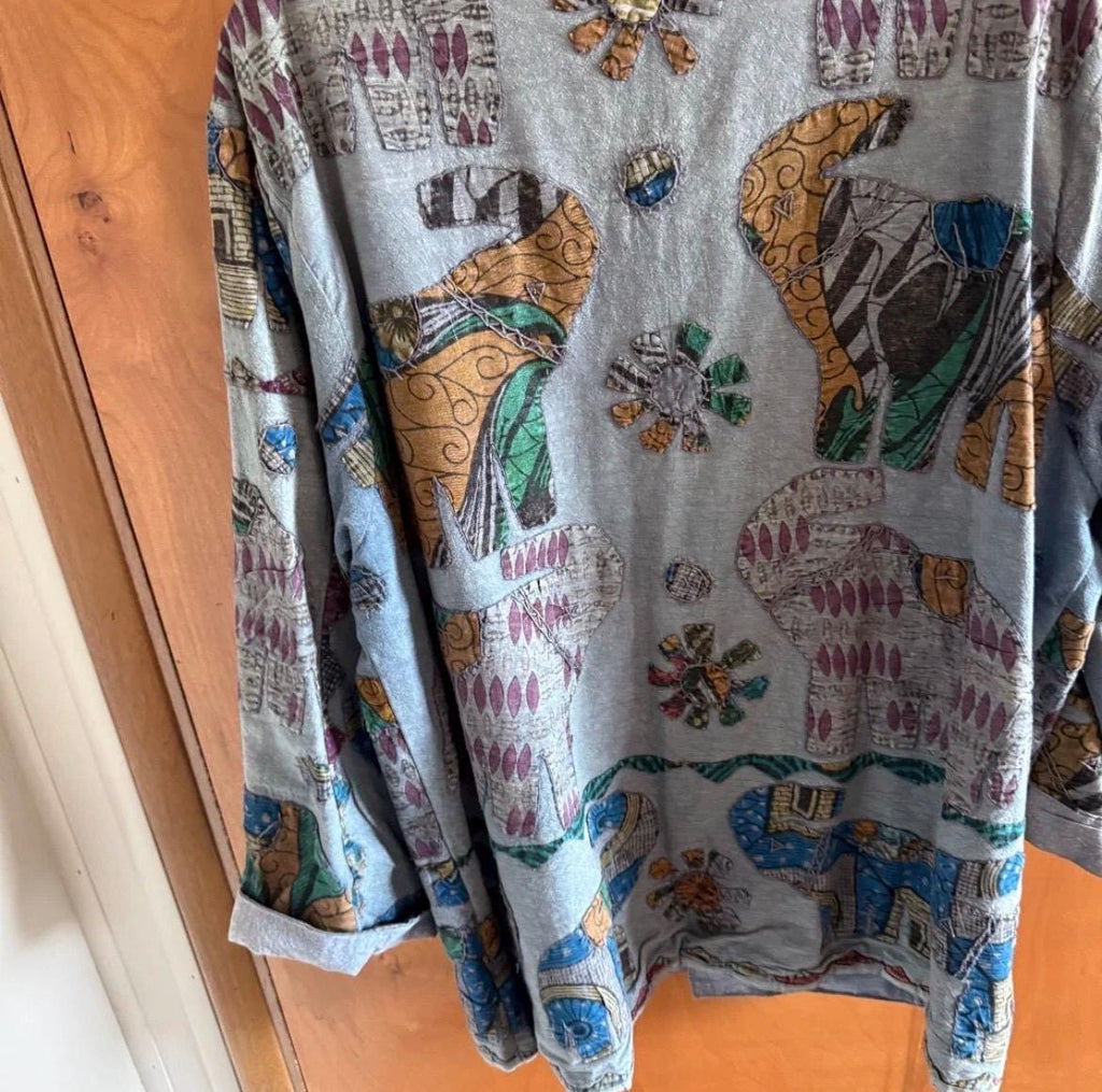 Vintage 90s Boho Elephant Print Cotton Jacket, Indian Patchwork Artsy Layering Cardigan