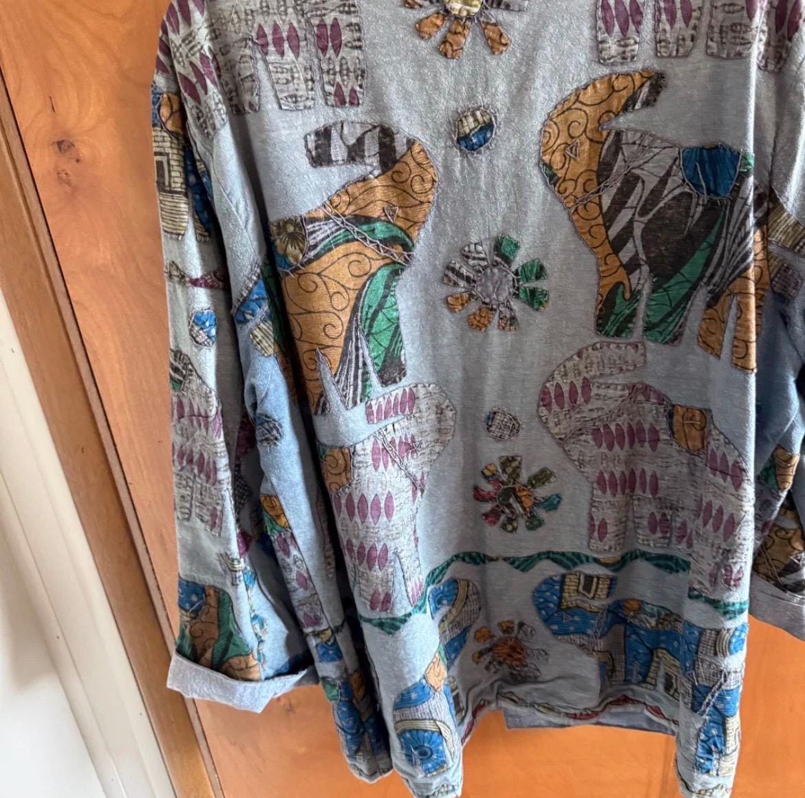 Vintage 90s Boho Elephant Print Cotton Jacket, Indian Patchwork Artsy Layering Cardigan