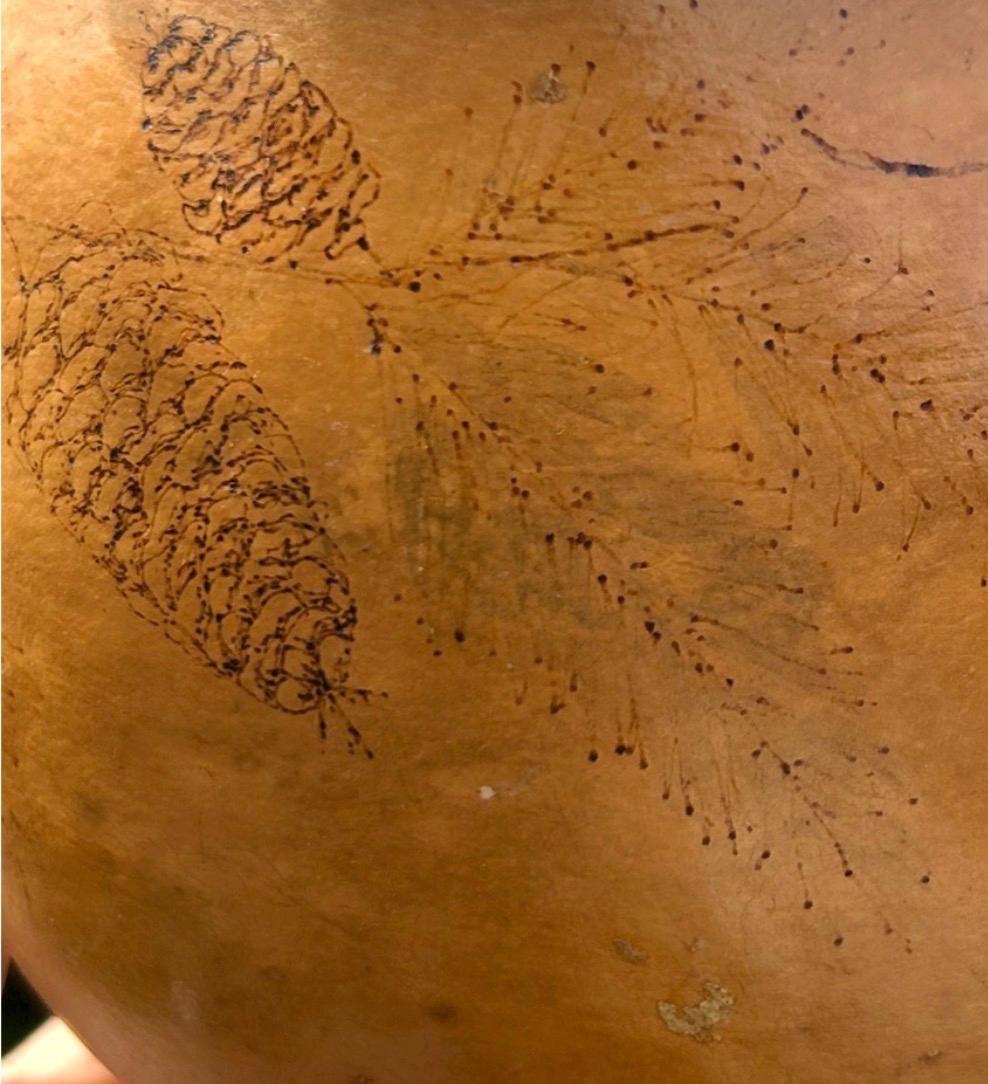 Vintage Pine Needle Gourd Basket – Pyrography Pinecone Motif, Southwestern Fiber Art
