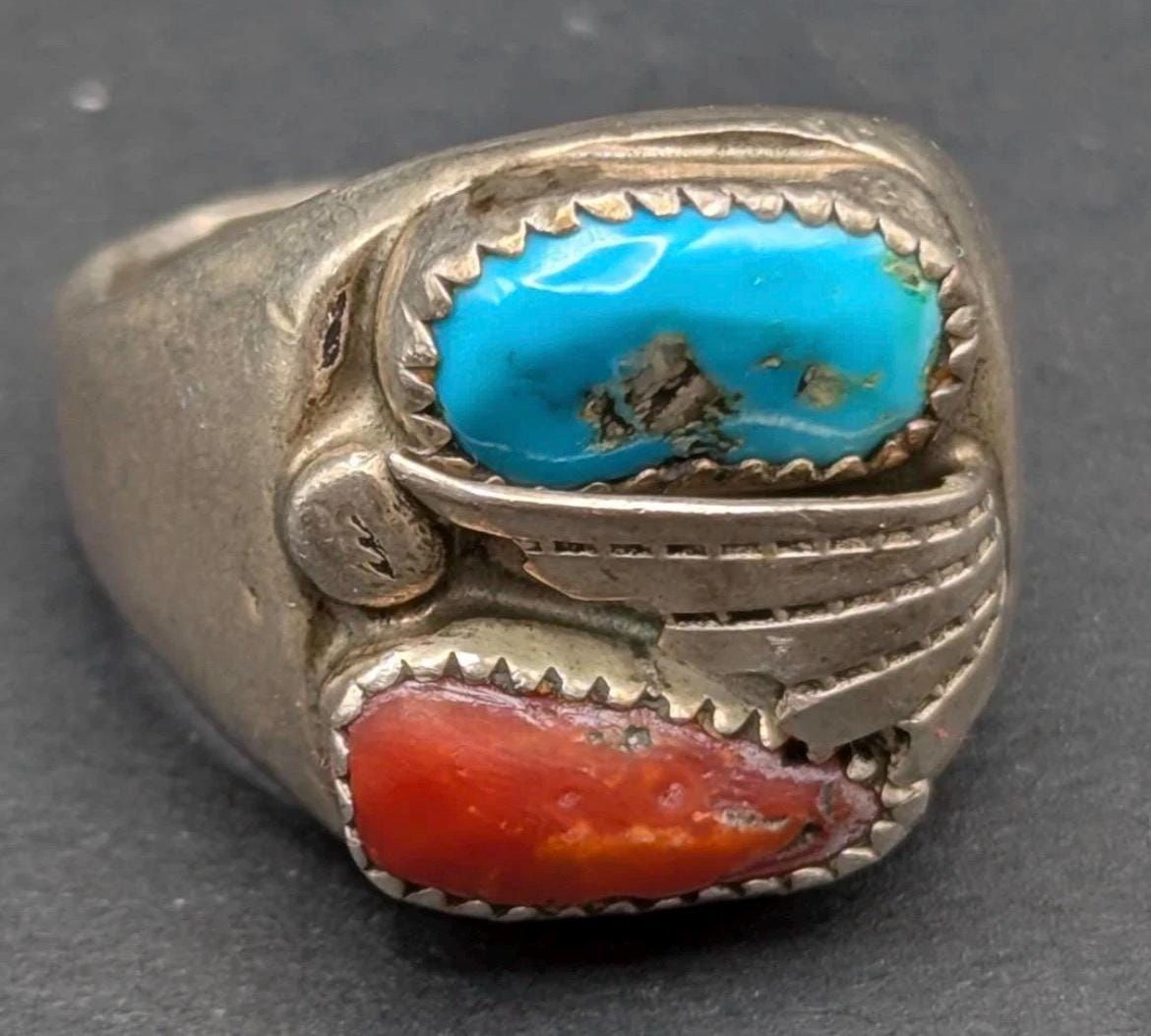 Heavy Vintage Old Pawn Men’s Ring - Turquoise & Red Coral - Size 11.5 - 20.76g