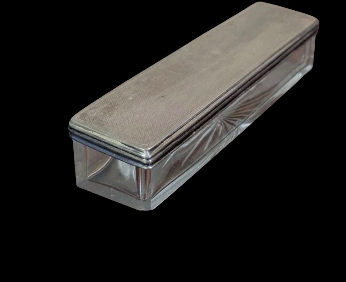 Antique 1925 Sterling Silver Cut Glass Vanity Box, Walker & Hall Engine Turned Hatpin Dressing Table Jar, George V English Hallmarked Silver