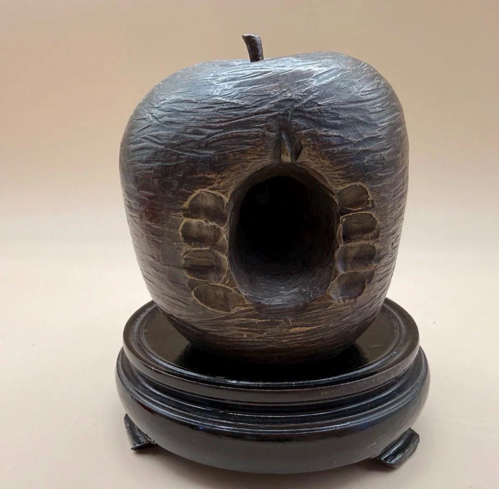 MCM Bronze Bitten Apple Sculpture on Carved Wood Base – Pop Art